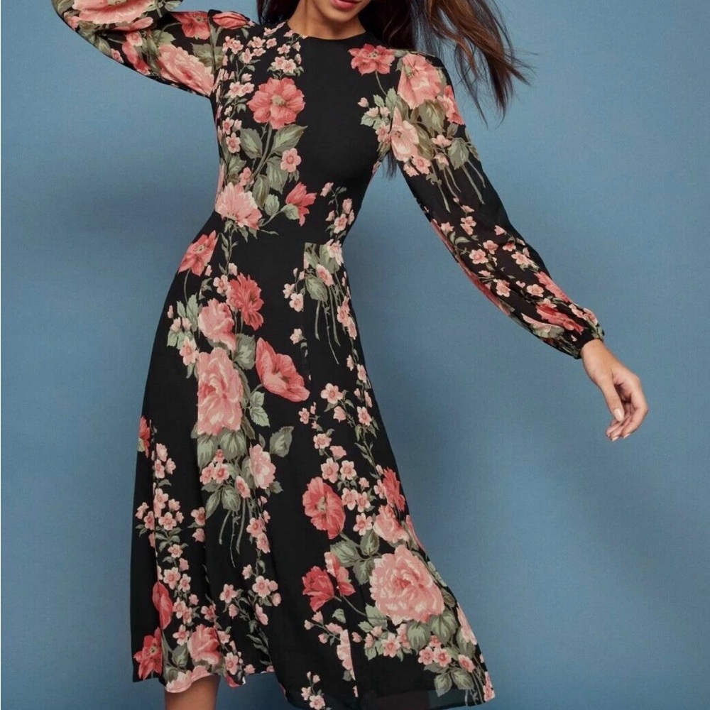 Reformation Black Floral Midi Dress